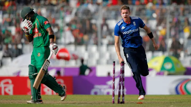 Jake Ball celebrates a wicket