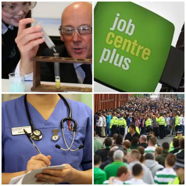 John Swinney, Job Centre Plus sign, nurse and football fans