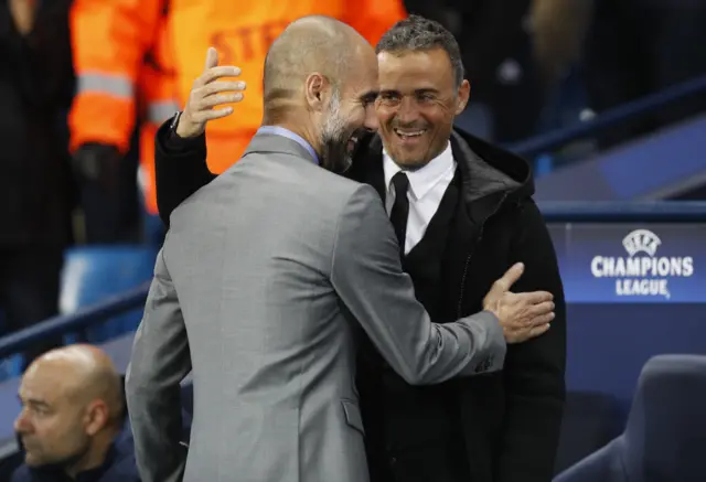 Pep Guardiola and Barcelona coach Luis Enrique