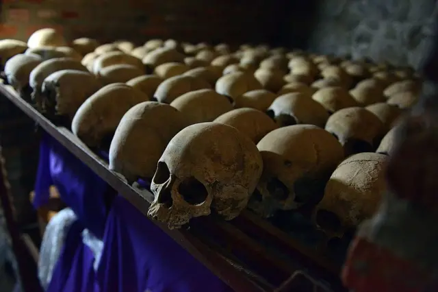 Human skulls preserved are exhibited on April at the Genocide memorial in Nyamata