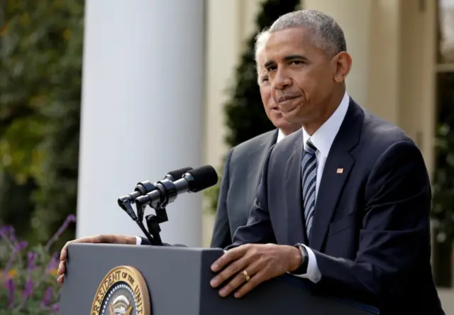 U.S. President Barack Obama and U.S. Vice President Joe Biden speak after the election of Donald Trump in the U.S. presidential election at the White House in Washington, U.S., November 9, 2016.