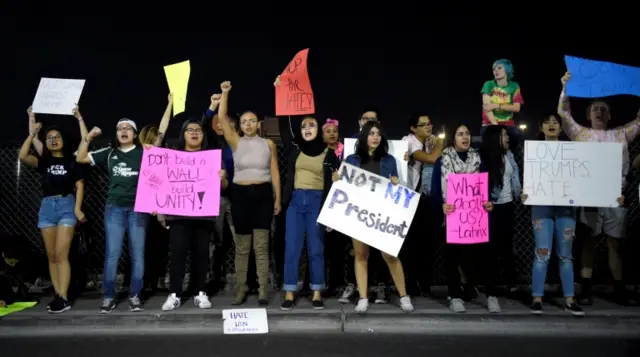 Anti-Trump protesters near the Trump International Hotel Tower in Las Vegas