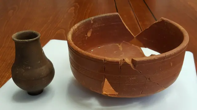 Two pieces of Roman pottery found at Chester Farm in Northamptonshire.