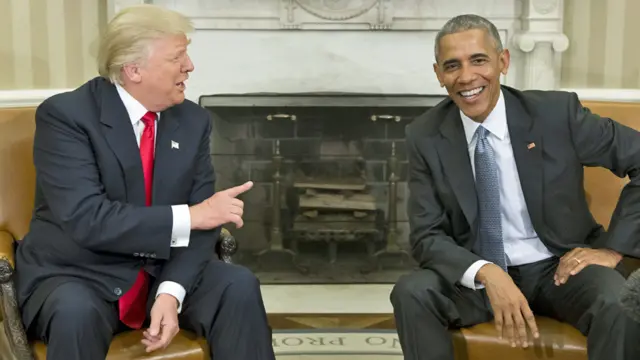 President Barack Obama (R) and President-elect Donald Trump (L) meet in the Oval Office of the White House in Washington DC - 10 November 2016