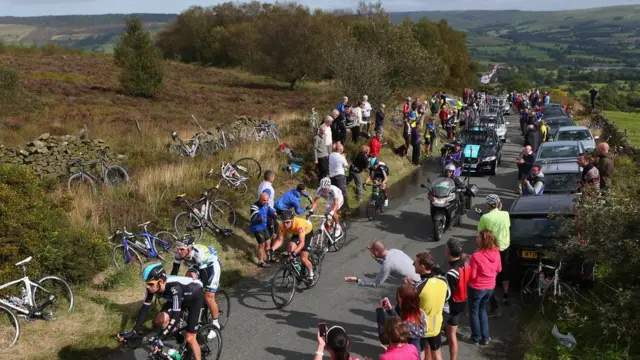 Tour of Britain cyclists climb Gun Hill in Staffordshire, 2012