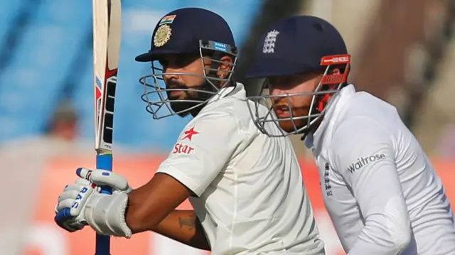 Murali Vijay bats as Jonny Bairstow looks on