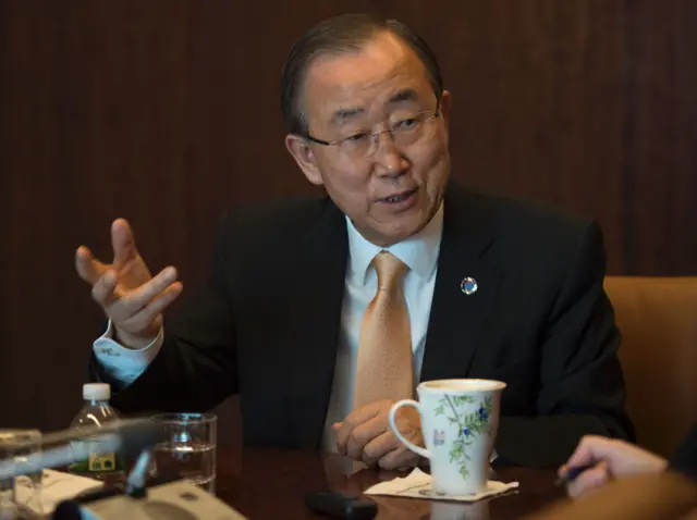The United Nations Secretary General Ban Ki-moon answers questions during an interview.