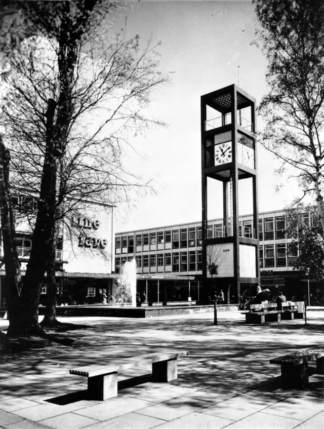 A black and white photo of a newly-redeveloped Stevenage town centre