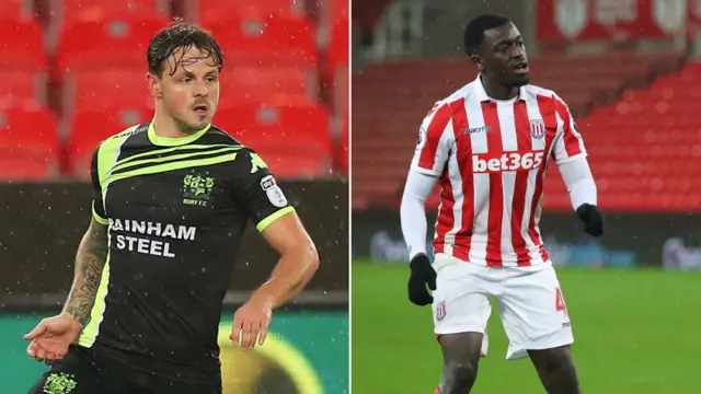 Bury midfielder Andrew Tutte and the young Stoke striker Julien Ngoy.