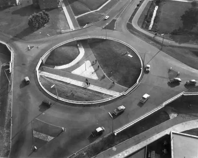 Black and white photo of a roundabout in Stevenage from the early 1950s.