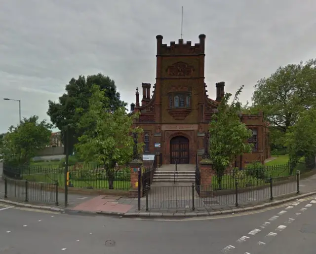 The red-brick King's Lynn library, showing the tower