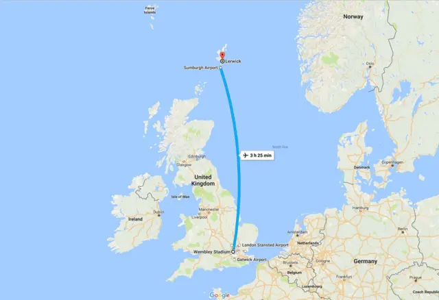 Google maps Lerwick to Wembley