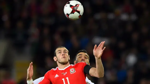 Gareth Bale of Wales competes with Ivan Obradovic