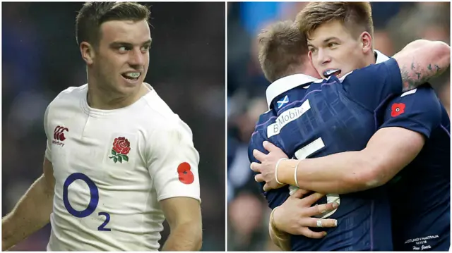 George Ford and Huw Jones celebrate