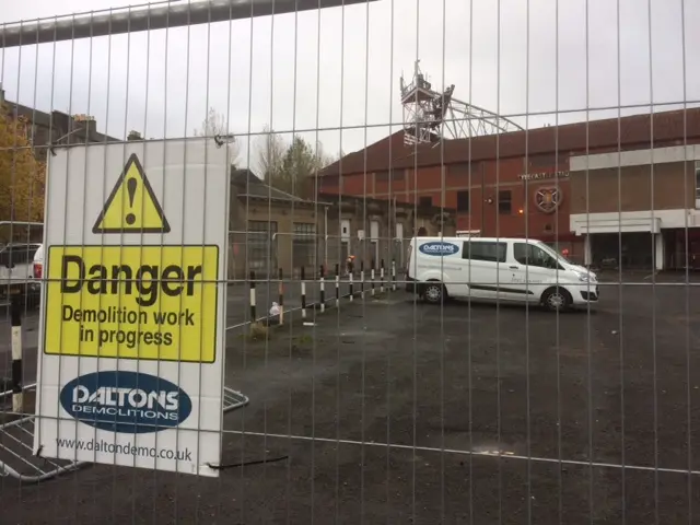 "Demolition work in progress" sign outside Tynecastle Stadium