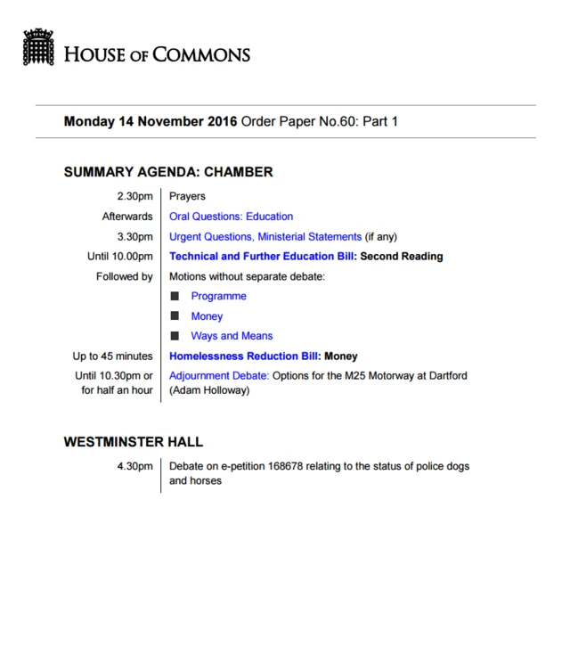 HoC order paper for 14 November