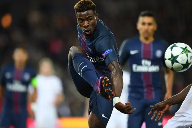 Paris Saint-Germain's Ivorian defender Serge Aurier kicks the ball during the UEFA Champions League group A football match between Paris Saint-Germain (PSG) and Basel at the Parc des Princes stadium in Paris on October 19, 2016.