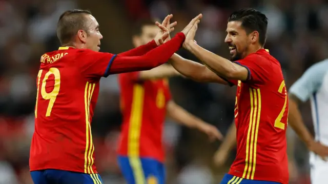 Iago Aspas celebrates with Nolito