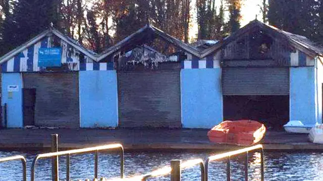 The damaged boathouse at Wicksteed Park