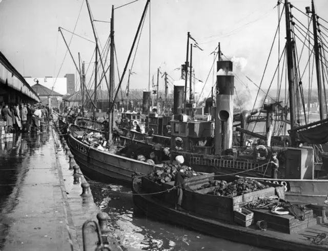 Fishing boats in Lowestoft in the mid-20th century