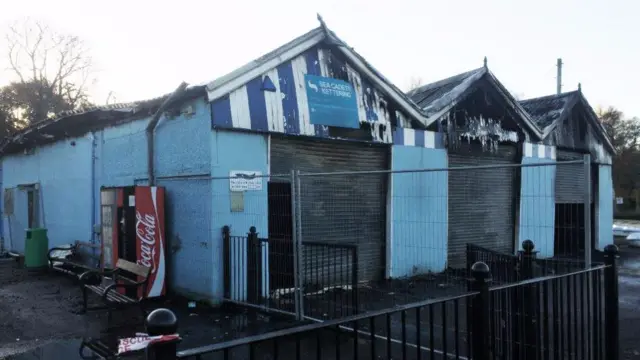 The fire-damaged boathouse at Wicksteed Park