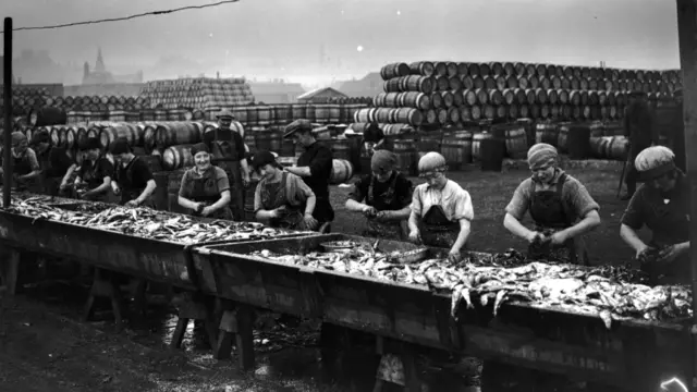 Fishing boats in Lowestoft in the mid-20th century