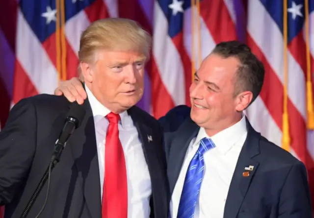 This file photo taken on November 9, 2016 shows Chairman of the Republican National Committee (RNC) Reince Priebus (R) embracing President-elect Donald Trump (L) during election night at the New York Hilton Midtown in New York.