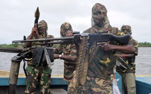 A photo taken on September 17, 2008 shows fighters of the Movement for the Emancipation of Niger Delta (MEND) as they prepare for an operation against the Nigerian army in the Niger Delta.