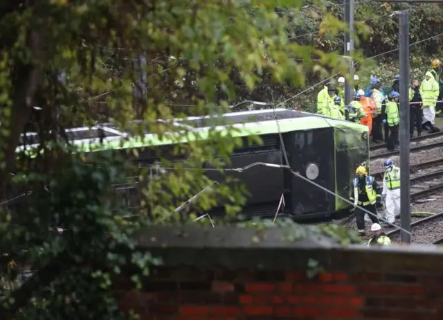 The overturned tram