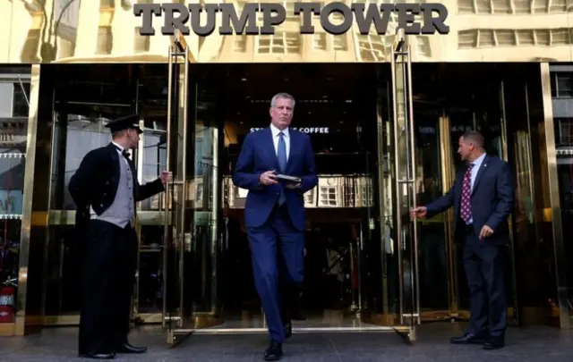 New York City Mayor Bill de Blasio emerges from Trump Tower