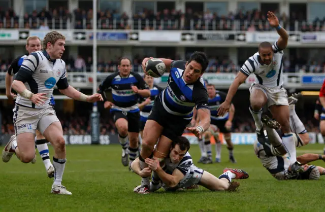 Shontayne Hape scores for Bath against Bristol in March 2009