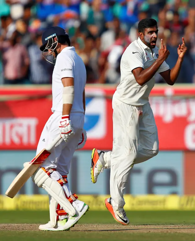 Ravichandran Ashwin celebrates the dismissal of England's Joe Root