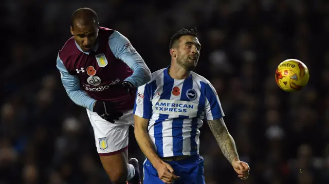 Shane Duffy of Brighton is challenged by Gabriel Agbonlahor of Aston Villa