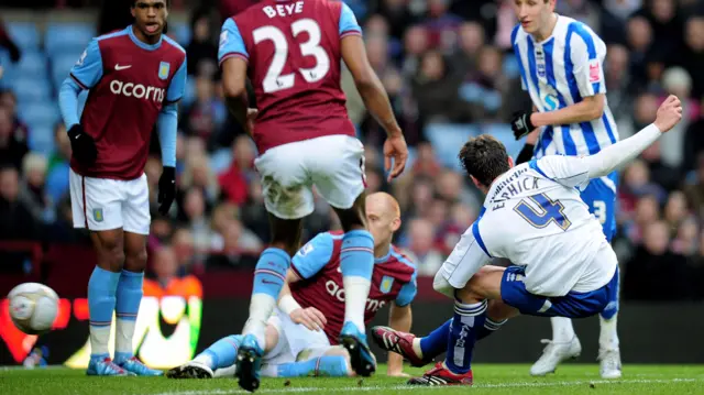 Tommy Elphick of Brighton scores against Aston Villa in January 2010