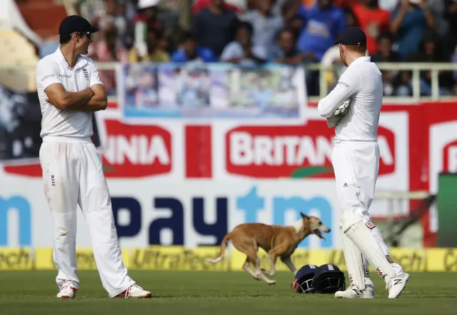 Alastair Cook and Jonny Bairstow watching the dog on the pitch during day one of the Test