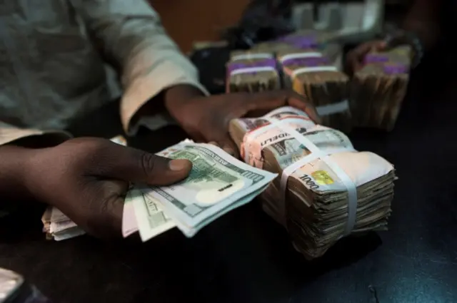 A trader changes dollars with naira at a currency exchange store in Lagos, Nigeria, February 12, 2015.