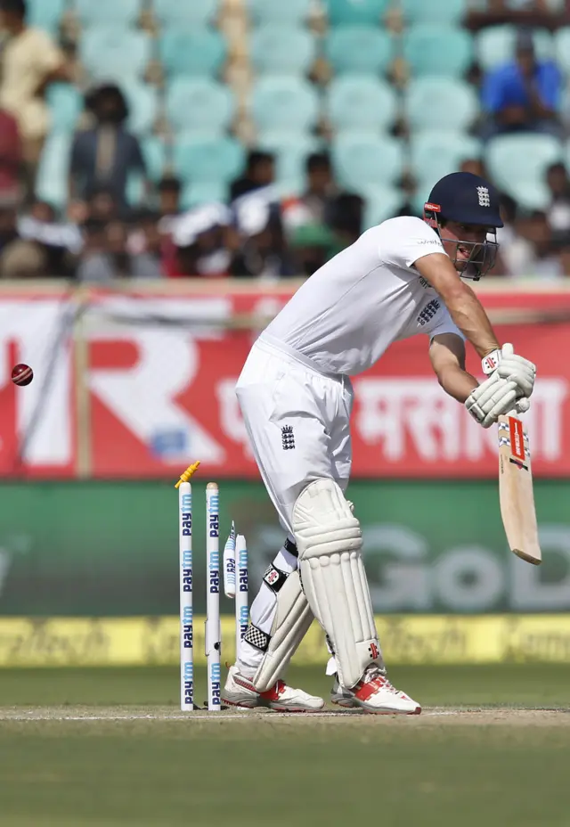 Alastair Cook is bowled out