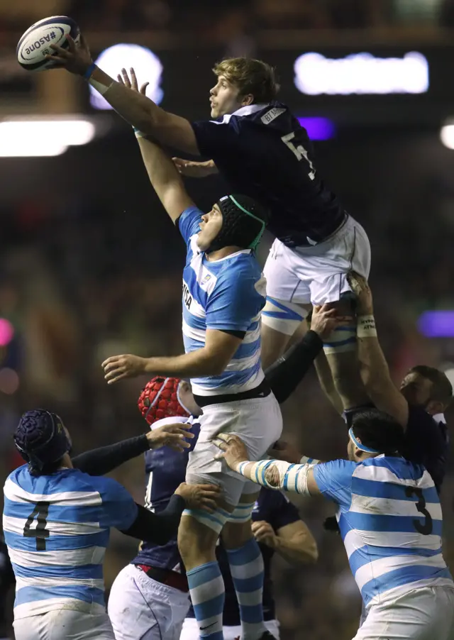 Scotland's Jonny Gray collects from the line-out