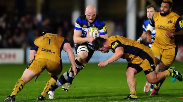 Matt Garvey of Bath Rugby takes on the Bristol Rugby defence