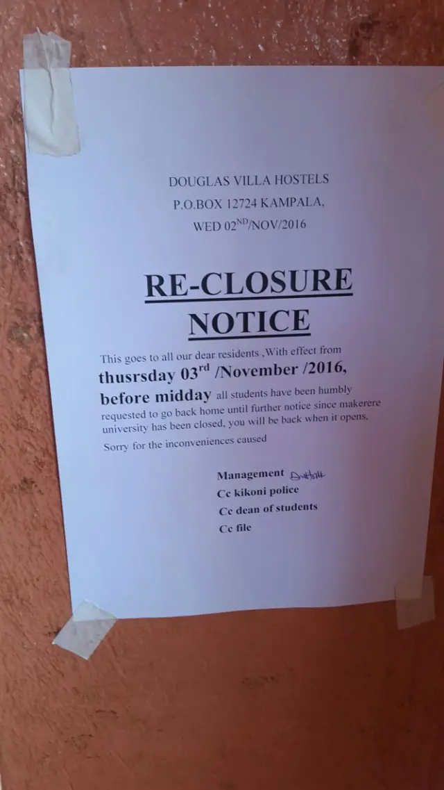 A notice advising students of the hostel's closure