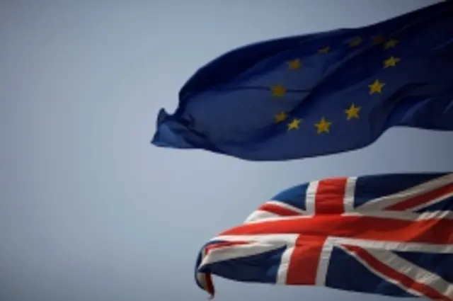 European Union flag is seen flying next to Union Jack