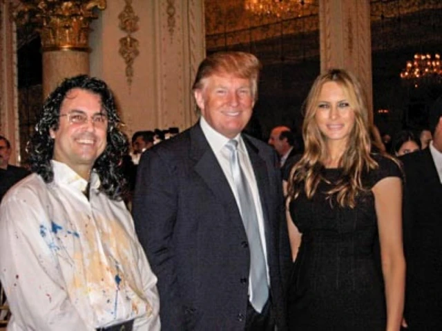 Artist Michael Israel (left) posing with Donald and Melania Trump