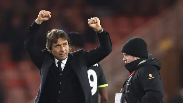 Antonio Conte, Manager of Chelsea celebrates victory