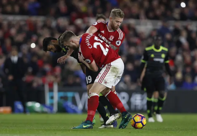 Diego Costa vies for the ball