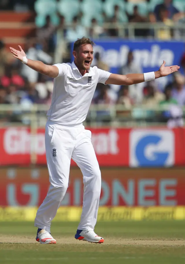 England's Stuart Broad appeals for the wicket of Ashwin