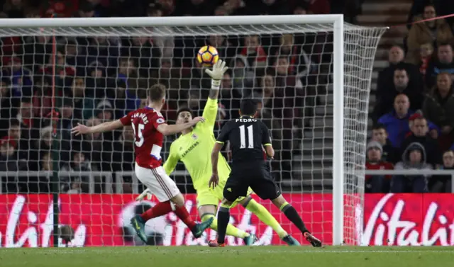 Victor Valdes saves from Chelsea"s Pedro