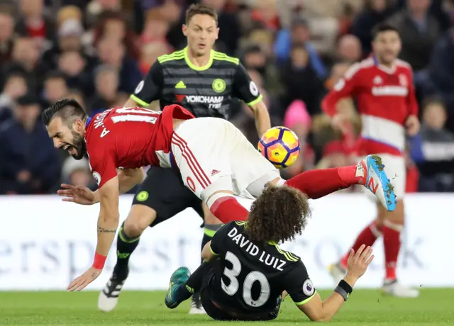 Alvaro Negredo is fouled by Chelsea's David Luiz