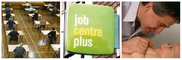 Pupils, job centre sign, father with baby