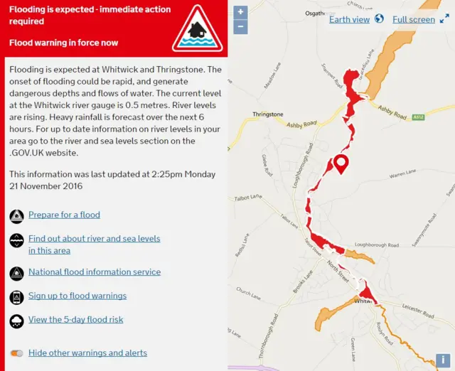 Flood warning for Whitwick and Thringstone