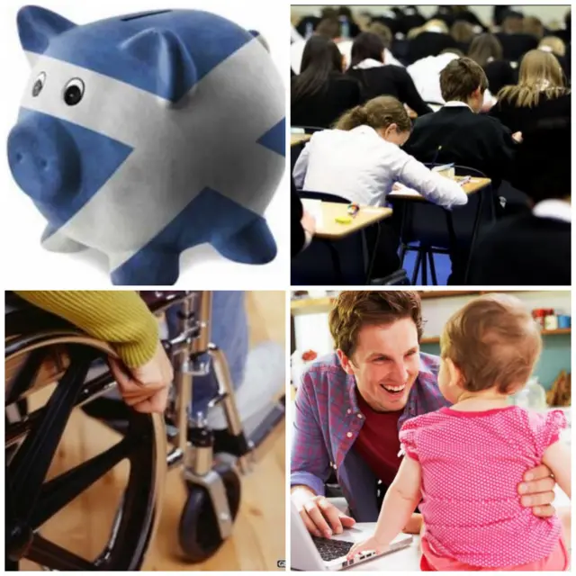 Saltire piggy bank, pupils, wheelchair user, father with daughter